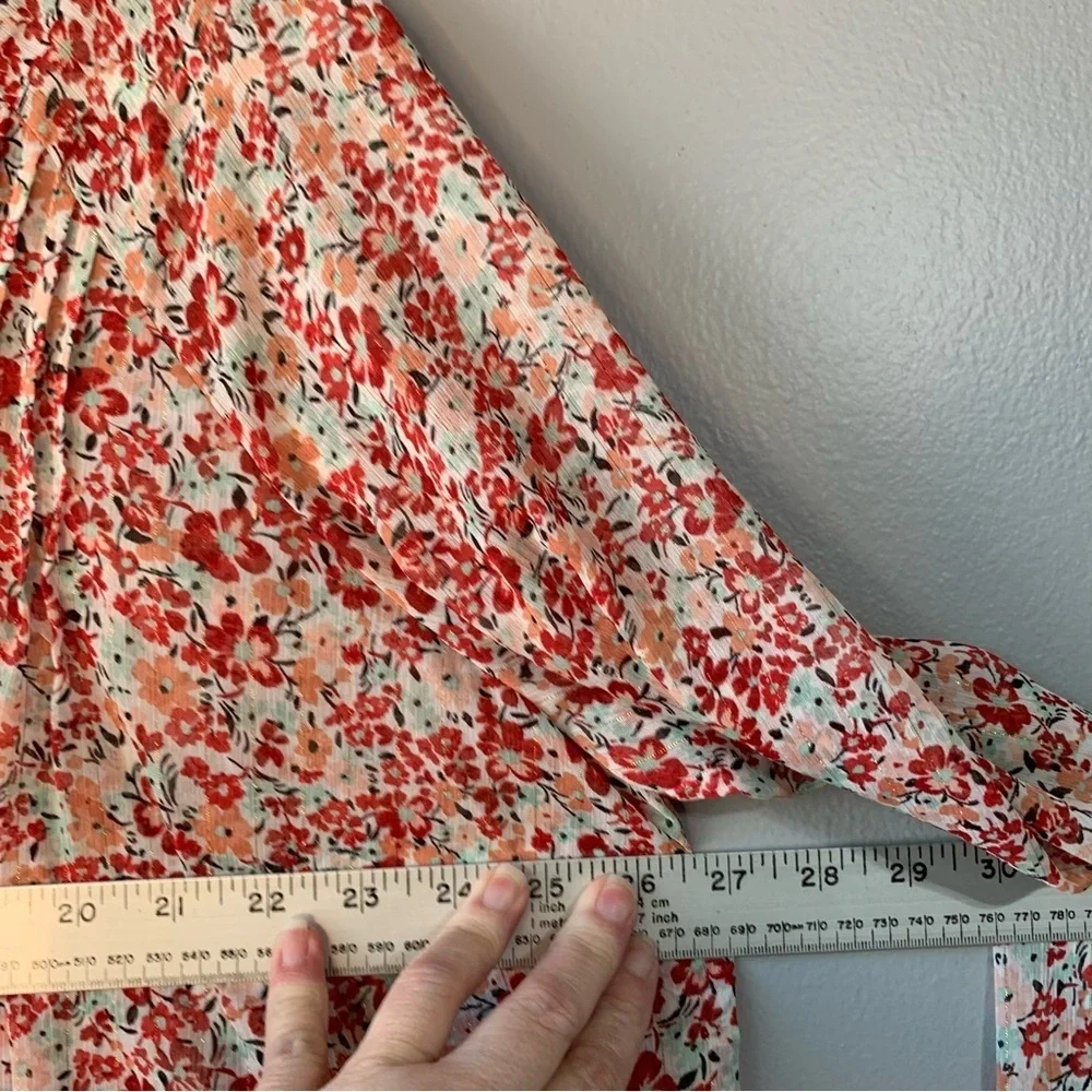 Torrid red, orange, light green sheer‎ floral long sleeve button up top. Size 1X - Picture 6 of 9